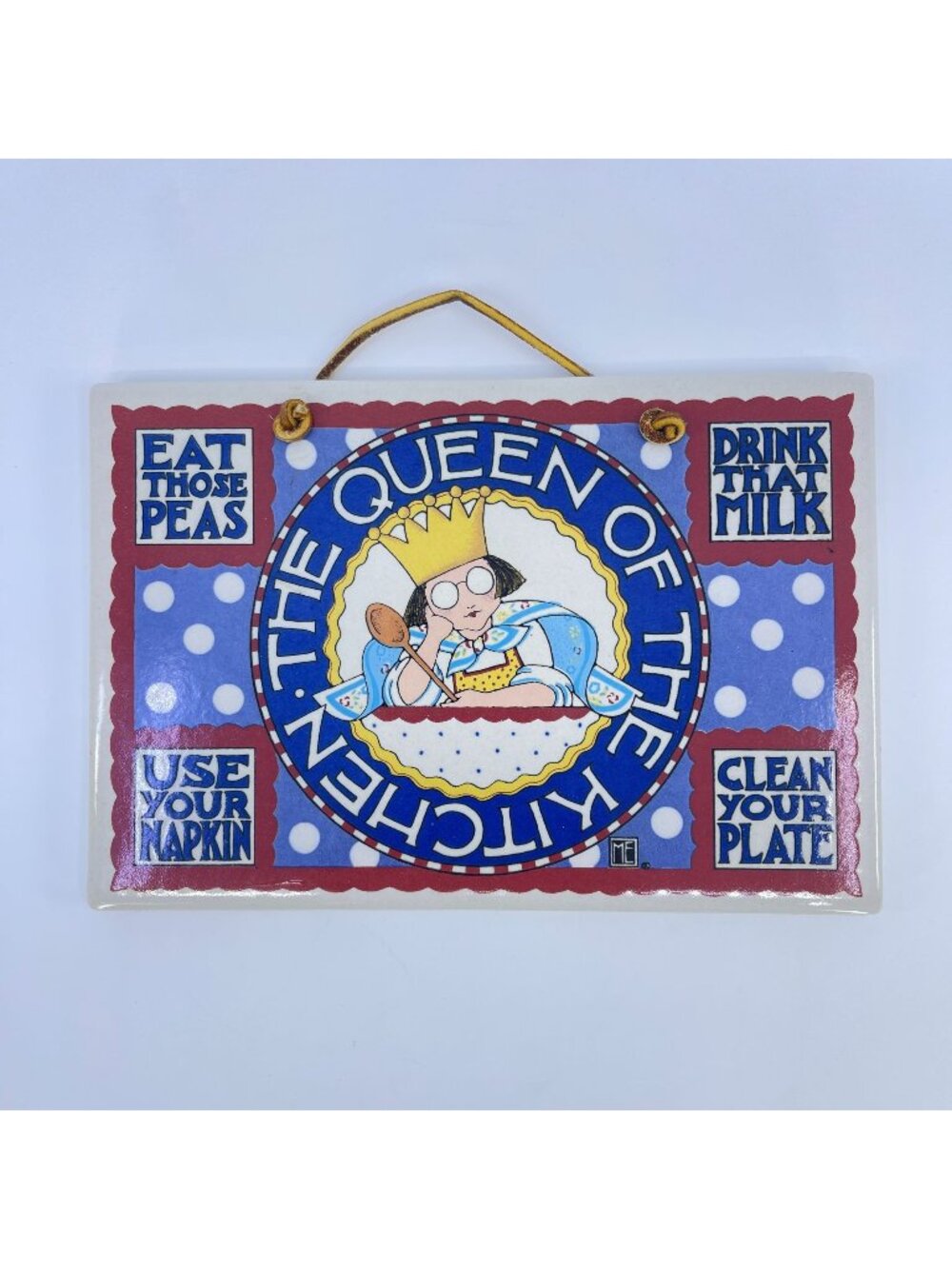 vintage mary engelbreit "queen of the kitchen" ceramic wall plaque